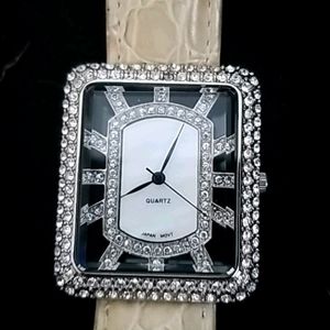 Bone leather strap w/many Swar Square Face